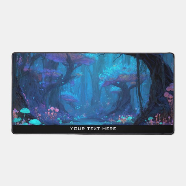 Fantasy Enchanted Mushroom Forest Blue Magic Glow Desk Mat (Front)
