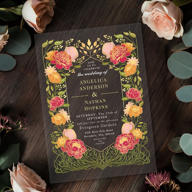 Fantasy Enchanted Orange Pink Floral Wedding Acrylic Invitations (Creator Uploaded)