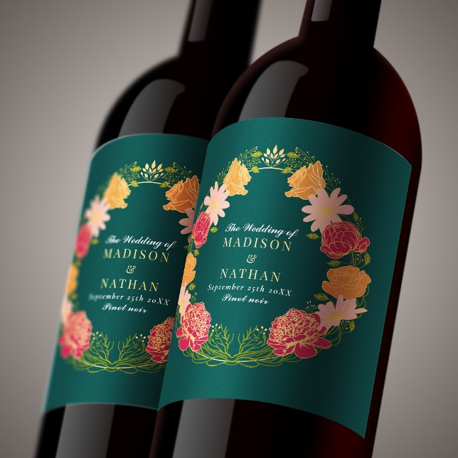 Fantasy Enchanted Orange Pink Floral Wedding  Wine Label (Creator Uploaded)