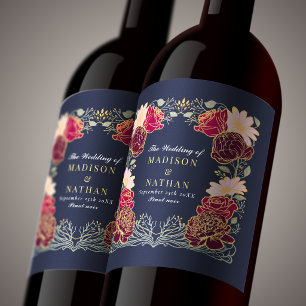 Fantasy Enchanted Red & Pink Floral Wedding Wine Label