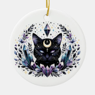 Fantasy Esoteric Crystal Black Cat  Ceramic Tree Decoration