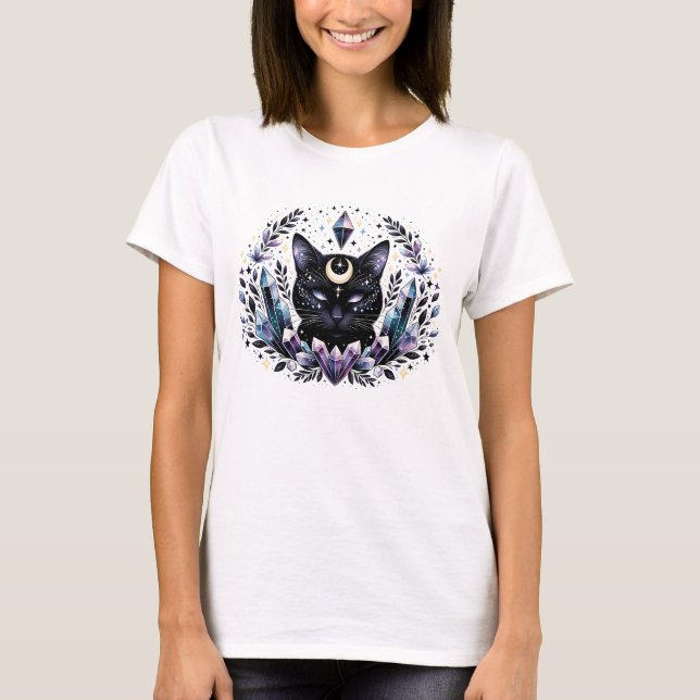 Fantasy Esoteric Crystal Black Cat  T-Shirt (Front)