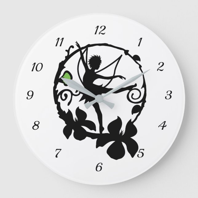 Fantasy Fairy Dancing Black White Silhouette Large Clock (Front)
