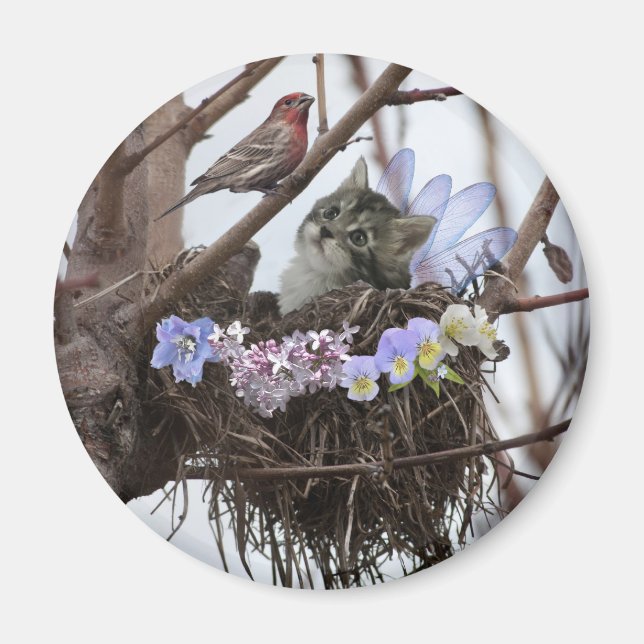 Fantasy fairy kitten and bird nest magnet (Front)