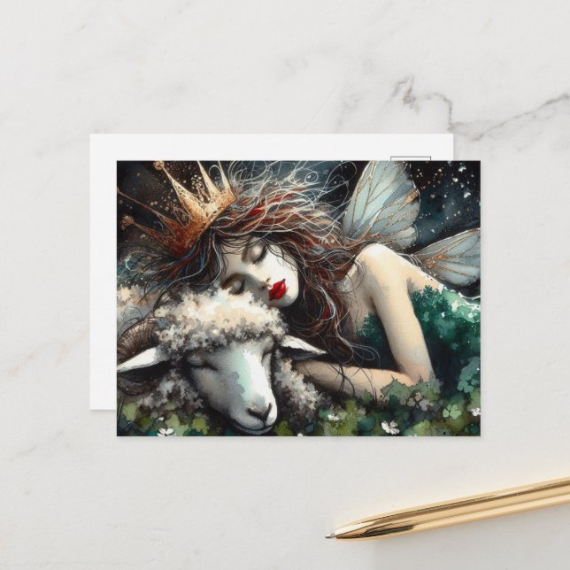 Fantasy Fairy Queen and Her Sheep Postcard (Front/Back In Situ)