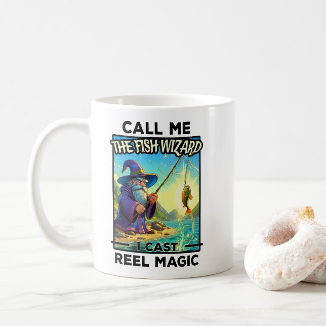 Fantasy Fishing Wizard - Reel Magic Coffee Mug (With Donut)