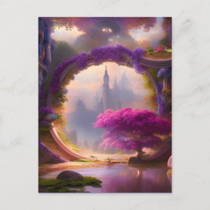 Fantasy floral courtyard pink tree  postcard