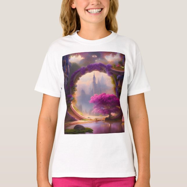 Fantasy floral courtyard pink tree  T-Shirt (Front)