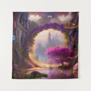 Fantasy floral courtyard pink tree  tapestry