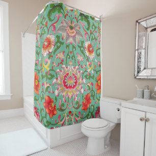 Fantasy Floral Oriental Chinoiserie on Green Shower Curtain