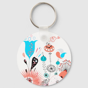 Fantasy Flowers and Birdie Button Keychain