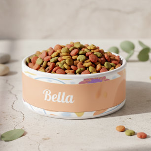 Fantasy Flowers Peach Blue White Ceramic Pet Bowl