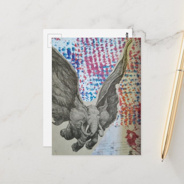 Fantasy Flying Elephant Collage Postcard (Front/Back In Situ)
