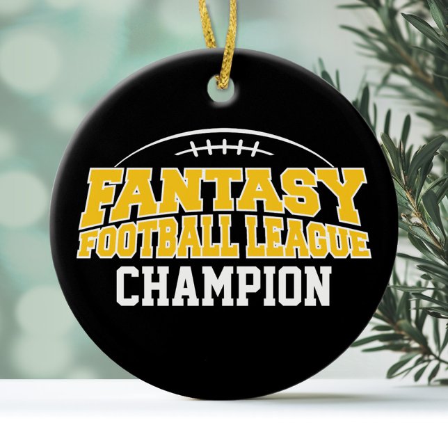 Fantasy Football Champion - Black and Yellow Gold Ceramic Tree Decoration (Personalized Christmas Ornament - Fantasy Football League)