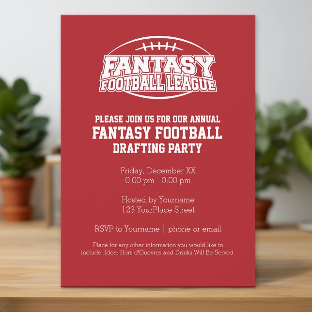 Fantasy Football Champion - Red and White Invitation (Custom Invitation with Download Option)