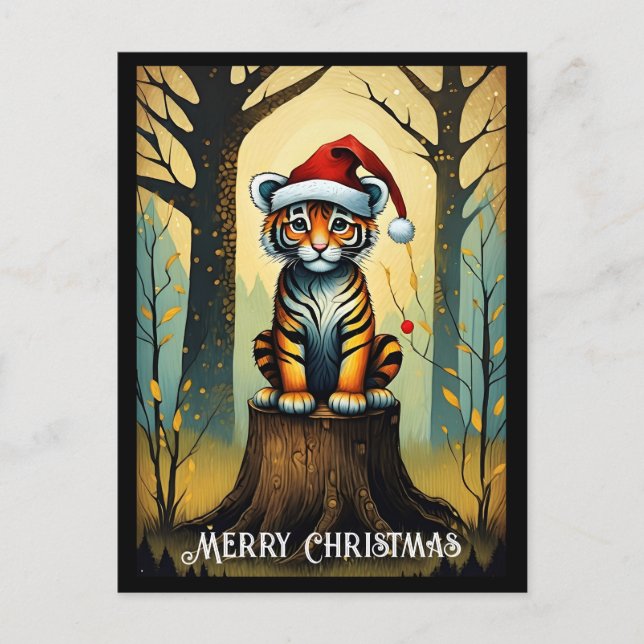 Fantasy Forest Cute Santa Baby Tiger Christmas Postcard (Front)