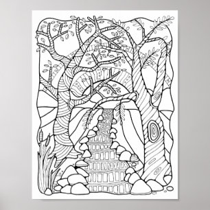 Fantasy Forest River Coloring Page Art Poster