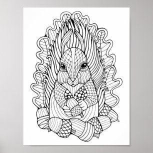 Fantasy Forest Squirrel Acorns Colouring Page Art Poster