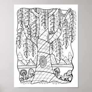 Fantasy Forest Willow Tree Coloring Page Art Poster