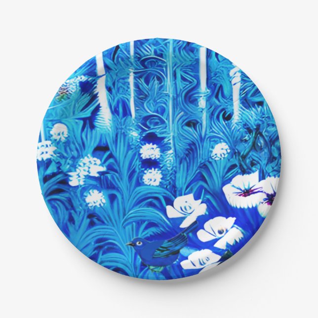 Fantasy Forest with Flowers and Birds Paper Plate (Front)