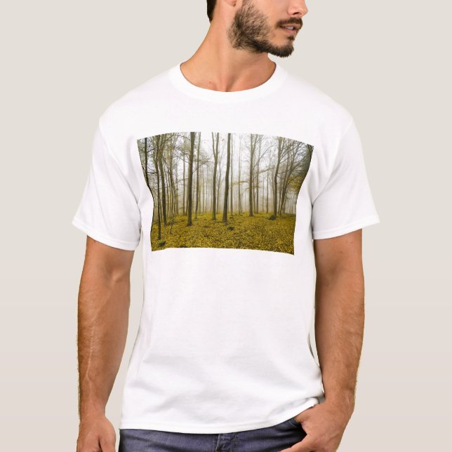 Fantasy forest with fog and yellow leaves T-Shirt (Front)