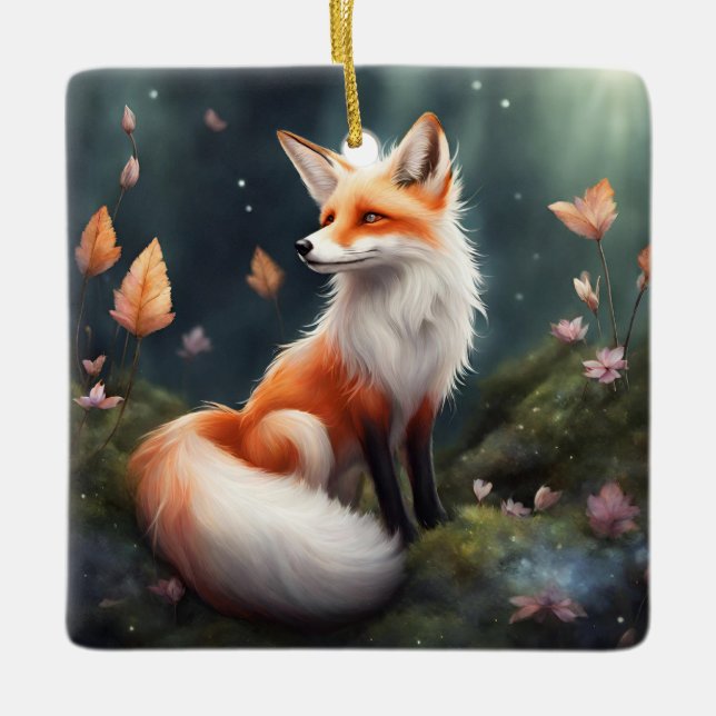 Fantasy Fox Nature Art Ceramic Ornament (Front)