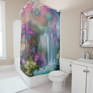 Fantasy Garden With Flowers And Calming Waterfall Shower Curtain