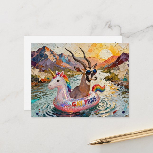 Fantasy Gazelle in a  Rainbow Unicorn Float  Postcard (Front/Back In Situ)