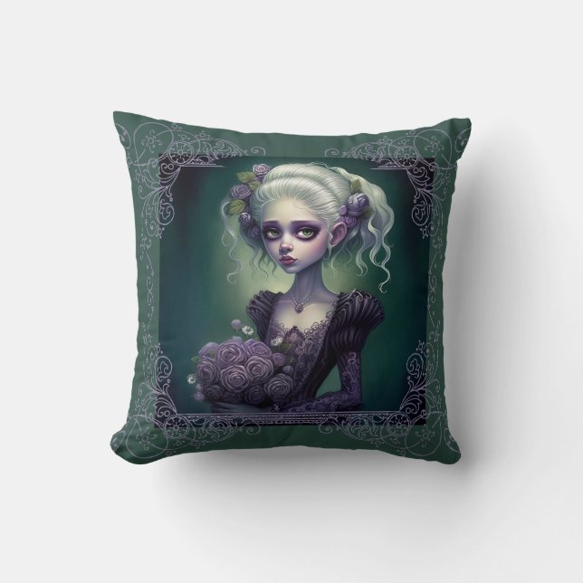 Fantasy Girl Cute in Green Goth Pillow (Front)