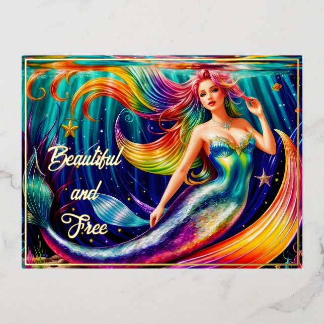 Fantasy Girl Mermaid Water Nature Nymph Lovely Foil Holiday Postcard (Front)