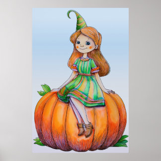 Fantasy Girl on a Pumpkin Poster