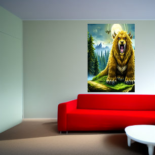 Fantasy golden sabertooth bear   AI Art Poster