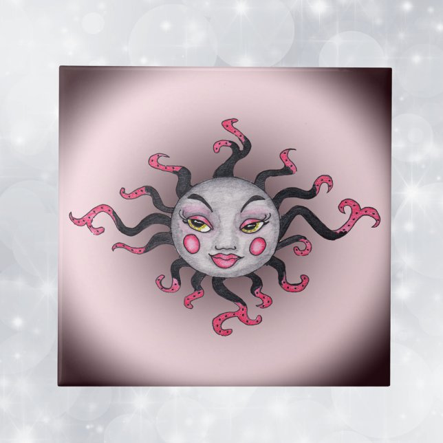 Fantasy Gothic Black Pink Sun Goddess Face Tile (Fantasy feminine sun pretty face black pink rays on pink and dark grey decorative ceramic tile.)