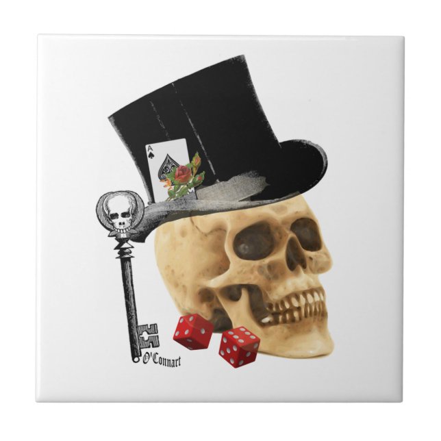 Fantasy Gothic gambler skull tattoo design Tile (Front)