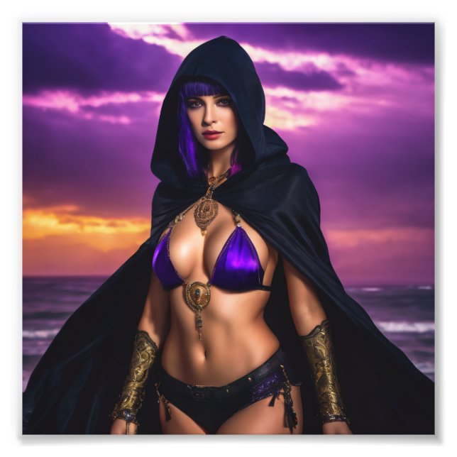 Fantasy Gothic Warlock Babe in Cloak Sunset Photo Print (Front)