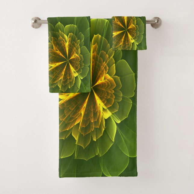 Fantasy Green Yellow Fractal Flowers Bath Towel Set (Insitu)