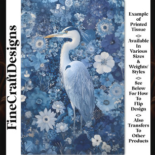Fantasy Heron Bird With Blue Flowers BV4 Decoupage Tissue Paper