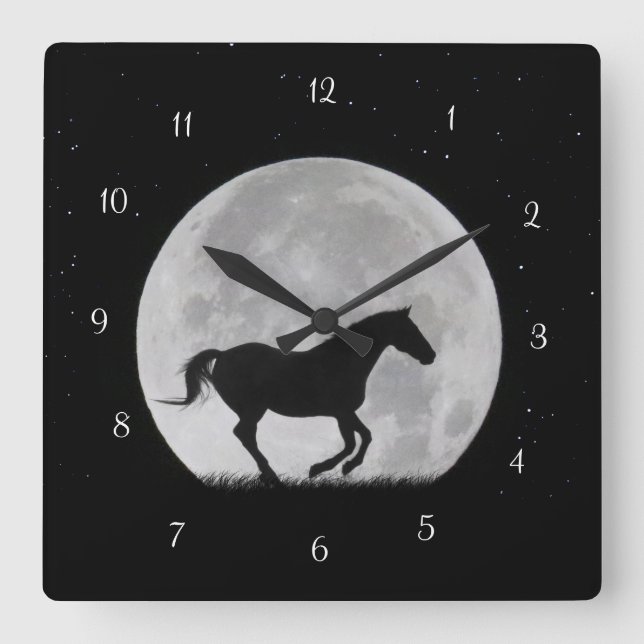 Fantasy Horse and Full Moon Square Wall Clock (Front)