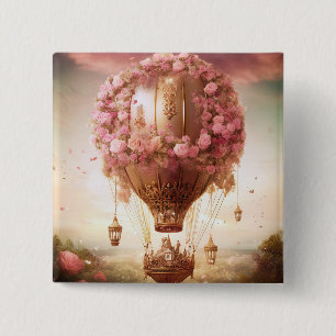 Fantasy Hot Air Balloon Pink Gold 15 Cm Square Badge