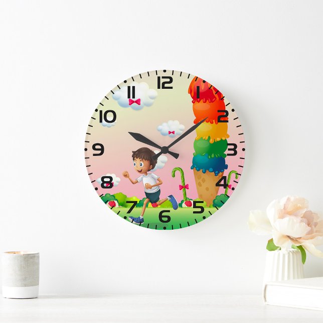 Fantasy Ice Cream Cone with Happy Running Boy Large Clock (Creator Uploaded)