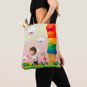 Fantasy Ice Cream Cone with Happy Running Boy Tote Bag
