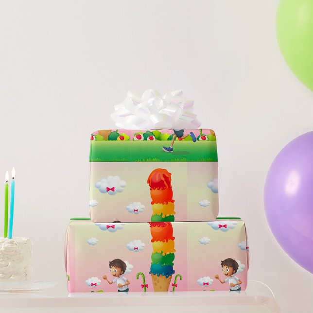 Fantasy Ice Cream Cone with Happy Running Boy Wrapping Paper (Creator Uploaded)