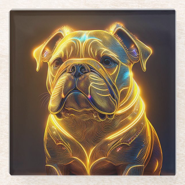 Fantasy Image Neon Yellow English Bulldog Glass Coaster (Front)