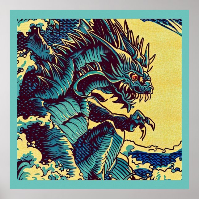 Fantasy Kaiju Anime - Woodcut 1 Poster (Front)