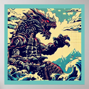 Fantasy Kaiju Anime - Woodcut 4 Poster
