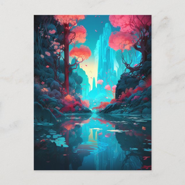 Fantasy Landscape Forest Pink Blue Postcard (Front)