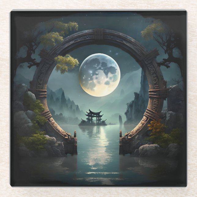 Fantasy Landscape Moon, Round Arch Glass Coaster (Front)
