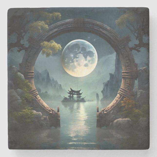 Fantasy Landscape Moon, Round Arch Stone Coaster (Front)