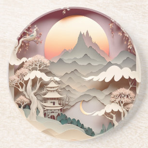 Fantasy Landscape PaperCut Round Sandstone Coaster