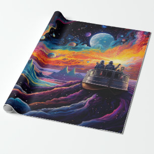 Fantasy landscape with ship and planets wrapping paper